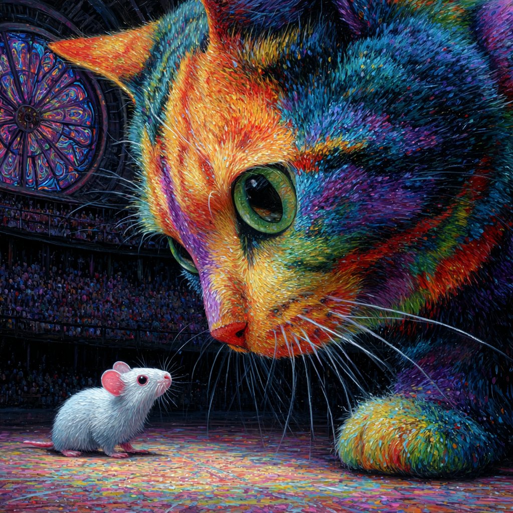 Under the stained glass of eternity, a mouse meets the gaze of a cosmic cat. Predator and prey pause, as if the universe holds its breath.

#aiart #digitalart
