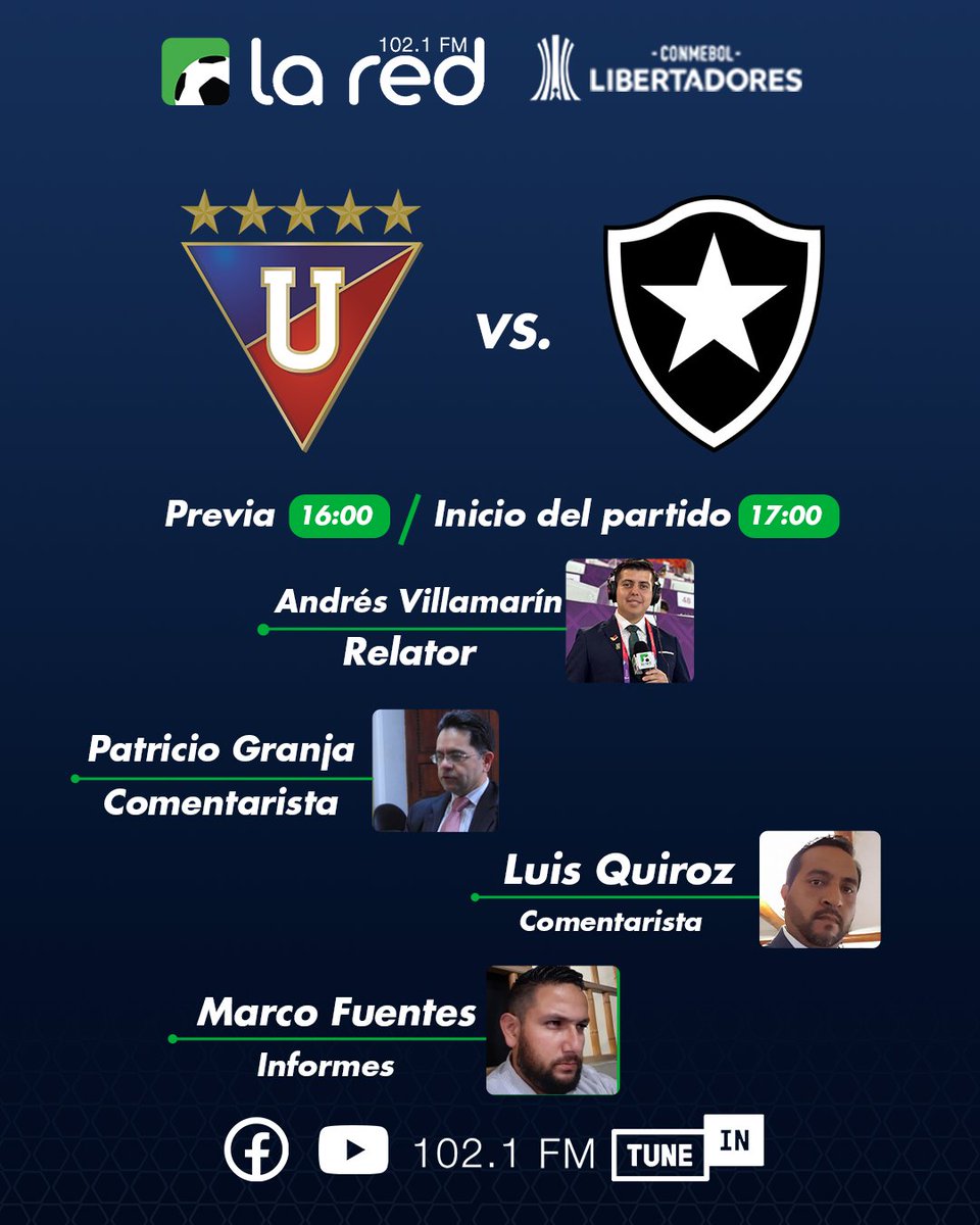 La Red Ecuador (@lared_ecuador) on Twitter photo ¡NOCHE DE 🏆 PARA EL 👑🇪🇨!
¡No se pierdan las emociones del partido de vuelta de octavos de final de la Copa Libertadores entre Liga y Botafogo junto a <a href="/andevillamarin/">Andrés Villamarín Espinel</a> <a href="/PatoGranjaT/">Patricio X Granja T</a> <a href="/luchitoquiroz/">Luis Fernando Quiroz</a> <a href="/marcoffuentes/">Marco Fuentes</a>!
Acompañando a los equipos🇪🇨 por Sudamérica desde hace más de 60 ¡NOCHE DE 🏆 PARA EL 👑🇪🇨!
¡No se pierdan las emociones del partido de vuelta de octavos de final de la Copa Libertadores entre Liga y Botafogo junto a <a href="/andevillamarin/">Andrés Villamarín Espinel</a> <a href="/PatoGranjaT/">Patricio X Granja T</a> <a href="/luchitoquiroz/">Luis Fernando Quiroz</a> <a href="/marcoffuentes/">Marco Fuentes</a>!
Acompañando a los equipos🇪🇨 por Sudamérica desde hace más de 60