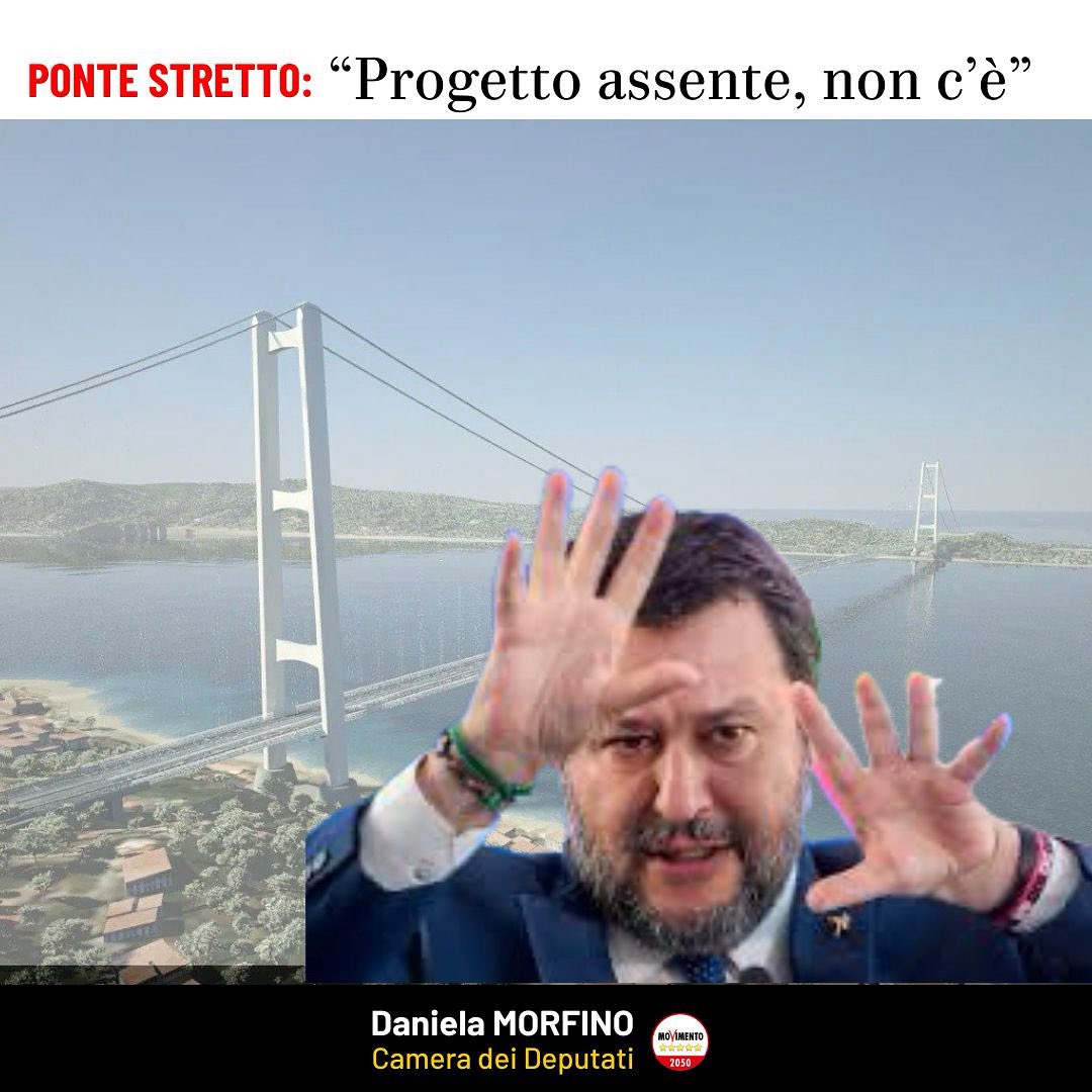 Il “ponte più grande della storia”?

Per ora è solo il più grande slogan.
❌ Progetto esecutivo: è assente
❌ Costi: incerti
❌ Sicurezza: ignorata (zona sismica)
❌ Trasparenza: a rischio (allert ANAC)
Più che un ponte,sembra una passerella elettorale.E le passerelle
si smontano