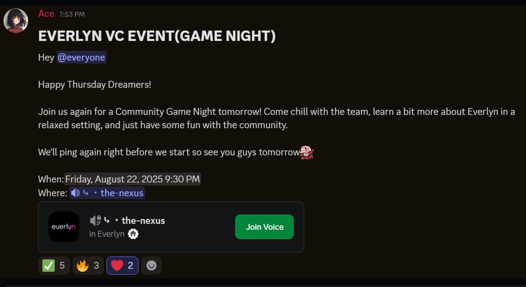 Maying.sign👀🧡 (@marielmaying18) on Twitter photo Mark your calendars Everlyn’s 2nd Community Game Night is happening tomorrow. Come hang, play, and vibe with the <a href="/Cutieacee/">Ace</a>  while diving deeper into <a href="/Everlyn_ai/">Everlyn</a>
Last time, during our very first community event, our CM surprised us with OG roles so you never know what might drop Mark your calendars Everlyn’s 2nd Community Game Night is happening tomorrow. Come hang, play, and vibe with the <a href="/Cutieacee/">Ace</a>  while diving deeper into <a href="/Everlyn_ai/">Everlyn</a>
Last time, during our very first community event, our CM surprised us with OG roles so you never know what might drop