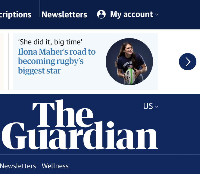 MartinPengelly's tweet photo. Ilona Maher where she belongs — on top of the Guardian site — as World Cup kick-off looms…

‘She did it, big time’: Ilona Maher’s road to becoming rugby’s biggest breakout star since Lomu

@T2Rugby @AmerRugbyRising @RugbyUSA_ @RugbyRundownTRN @RugbyPass 

https://t.co/mTpZoNm0rz https://t.co/nZfUeH1zUj