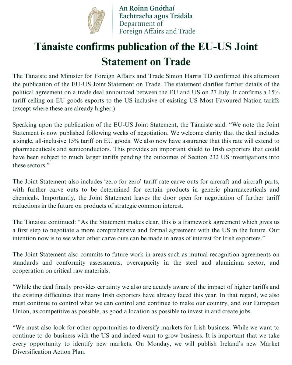 SimonHarrisTD's tweet image. The EU-US Joint Statement on trade has now issued.

It provide some further clarity. We will continue to seek to maximise opportunities for zero for zero in as many areas as possible. Much more work to do in time ahead.

My full statement below ⬇️