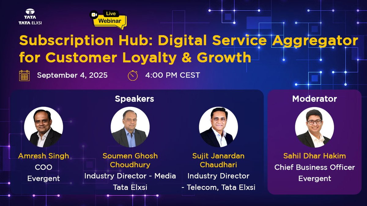 tataelxsi's tweet image. #Telcos can be more than connectivity providers, they can be digital lifestyle hubs. Join Tata Elxsi + Evergent’s webinar to learn how Subscription Hub unifies services, boosts #monetization &amp;amp; cuts costs by 40–60%.

📅 Sept 4 | 🕓 16:00 CEST | 🔗 eu1.hubs.ly/H0mtFRB0