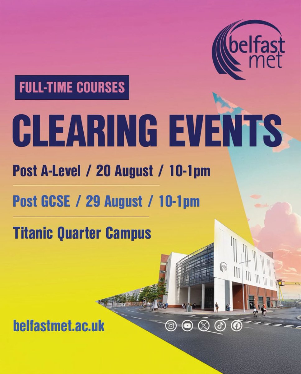 BMC clearing events!
 
Who should attend?
🔹Anyone who has not yet applied for a higher ed or further ed course at Belfast Met
🔹Anyone who had applied for a course at Belfast Met but would like to look at other options at the College

more info at belfastmet.ac.uk/clearing/