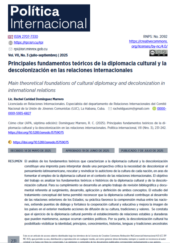 RevistaPoltica2's tweet photo. 📌 Principales fundamentos teóricos de la diplomacia cultural y la descolonización en las relaciones internacionales.

✍️ Un artículo de Rachel Caridad Domínguez Marrero.

🔗🌐Léalo y descárguelo en: https://t.co/b3rPsYgn3S

📖👉Vol. 7 Núm. 3 (2025) de Política Internacional. https://t.co/DHxHh5UR4w