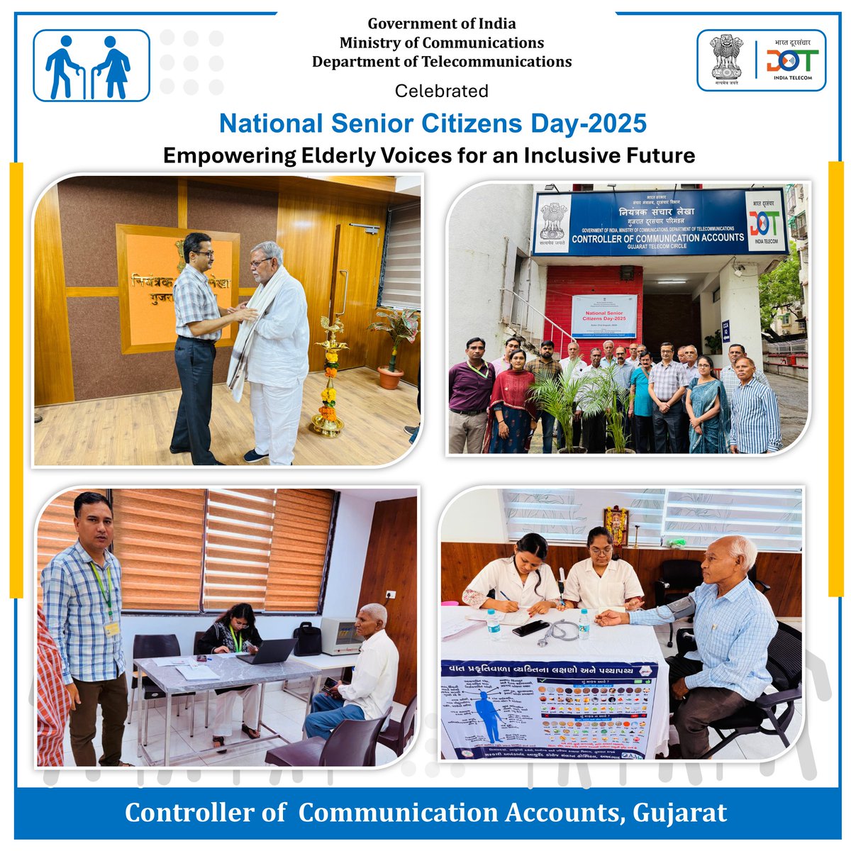 Dot_CCAGujarat's tweet photo. National Senior Citizens Day was celebrated on 21.08.2025 with enthusiasm by CCA Gujarat, featuring felicitation of senior pensioners, Health Check-up Camp, Ayurveda Session, Investment Awareness Camp &amp; Tree Plantation to promote well-being &amp; financial security. https://t.co/45ocjEX5ba