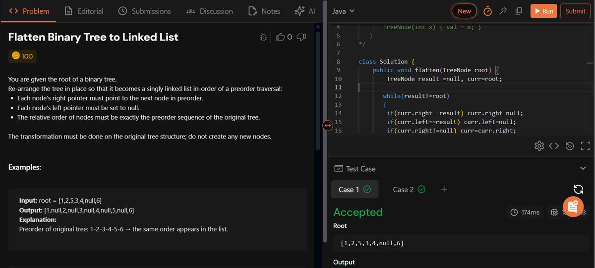 sourabhBis51582's tweet photo. Day 9 – Trees 🌳

Construct Binary Tree (Postorder + Inorder)
Flatten Binary Tree to LinkedList

Only 3 questions left!
2 weeks, ~3 hrs/day , slower than I thought 
How long it took you ? 

#DSA #DataStructures #Networking #TechJourney #CodingLife #LeetCode #StriverDSASheet https://t.co/Y0csPXzTB5