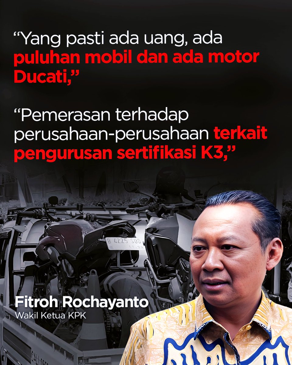 kanalsa_id's tweet photo. KPK mengamankan sejumlah uang, puluhan mobil, dan motor Ducati dalam OTT Wakil Menteri Ketenagakerjaan (Wamenaker) Immanuel Ebenezer.

Fitroh mengatakan Noel terjaring dalam operasi senyap terkait kasus dugaan pemerasan ke sejumlah perusahaan terkait pengurusan Sertifikasi K3. https://t.co/eHLZDg1ae8