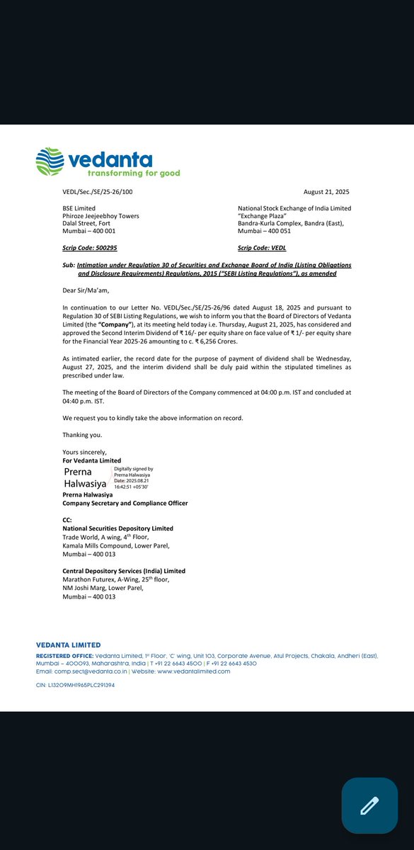 Ashish Singh (@ind_ashishsingh) on Twitter photo #Vedanta board approved Second interim dividend ₹16/share for FY2025-26; record date Aug 27 .
#VEDL <a href="/Vedanta_Group/">Vedanta Group</a> <a href="/AnilAgarwal_Ved/">Anil Agarwal</a> #Vedanta board approved Second interim dividend ₹16/share for FY2025-26; record date Aug 27 .
#VEDL <a href="/Vedanta_Group/">Vedanta Group</a> <a href="/AnilAgarwal_Ved/">Anil Agarwal</a>