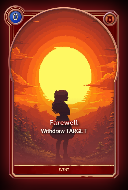 CrowdControlNet's tweet image. After the spells of Mysticiscm class, the places of Technology and the Places+Spells of Nature class, we are now only left with Spells+Places of the Culture class!
We start with the card "Farewell". It's a 0 mana card and it does nothing more than returning one of your…