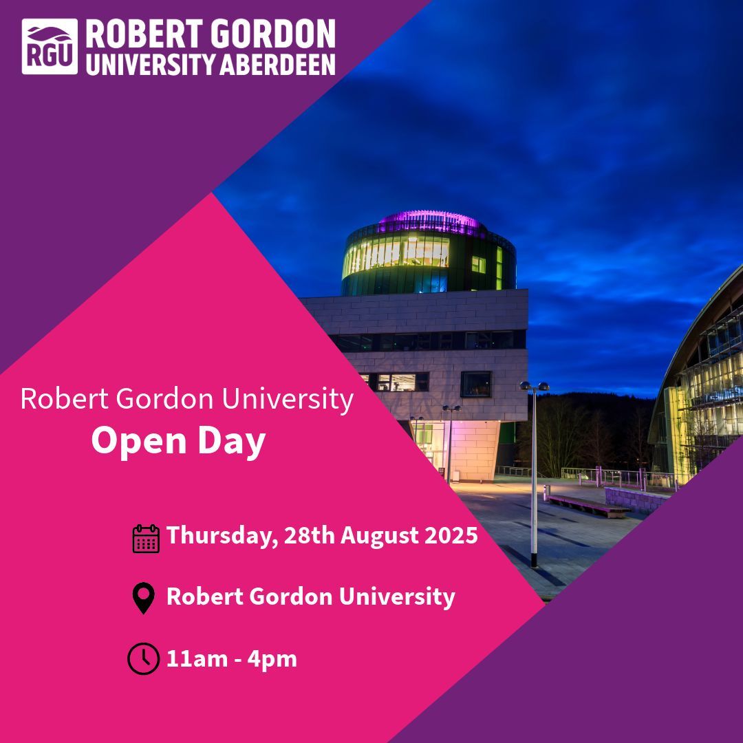 Discover RGU at our Open Day - Thursday 28 August 2025!

Tour facilities, try taster classes, view student accommodation and chat with students and staff.

📍 Aberdeen
🕒 11am – 4pm

#RGU #OpenDay #Aberdeen