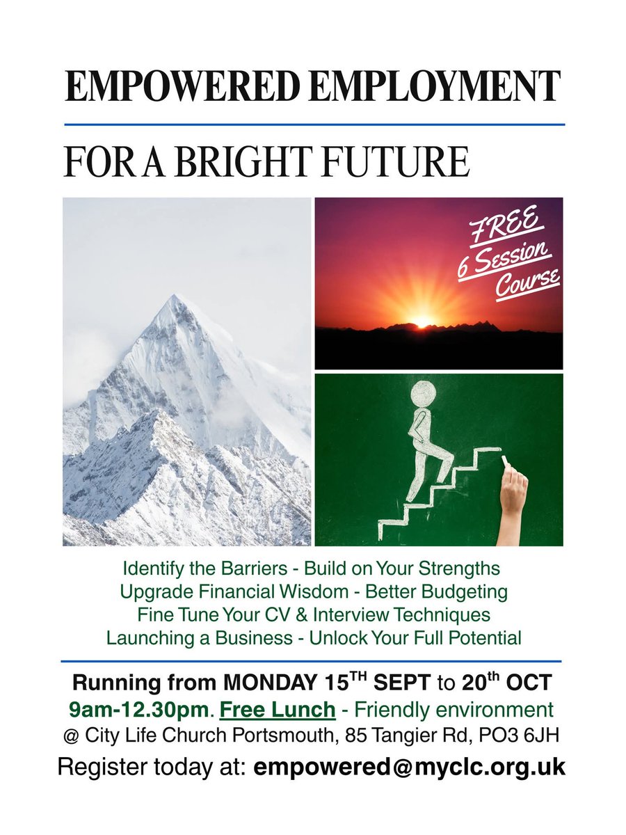 Are you seeking employment? Know someone who is out of work? EMPOWERED EMPLOYMENT is a free, 6-week course at CLC designed to help participants unlock their potential, boost self-esteem &amp; enhance employability. 

Interested? Email:  empowered@myclc.org.uk

#JobClub #Portsmouth