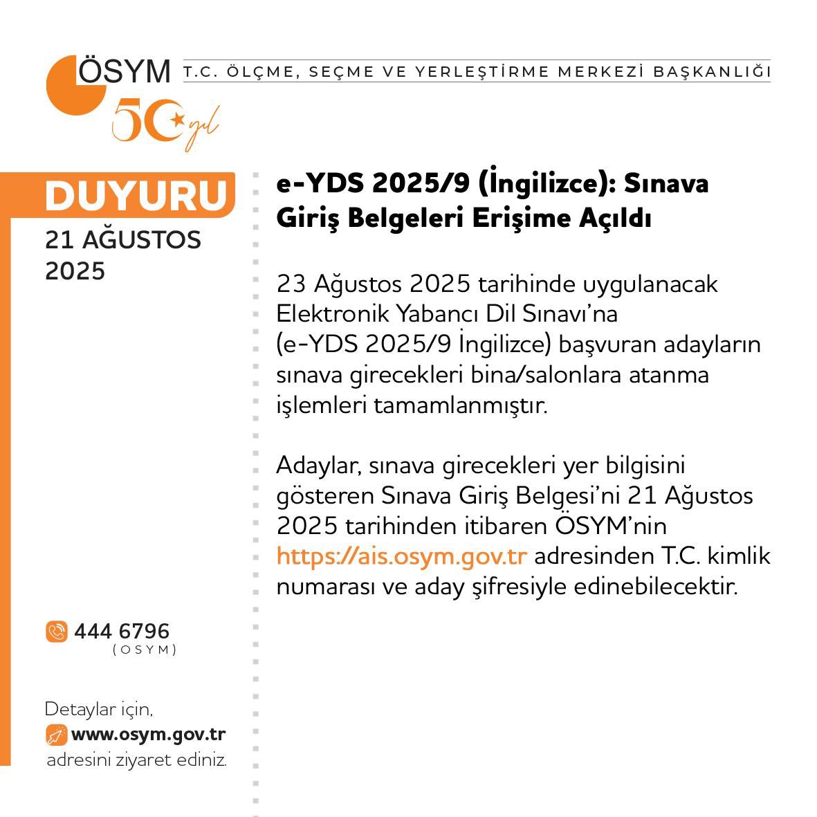 e-YDS 2025/9 (İngilizce): Sınava Giriş Belgeleri Erişime Açıldı

osym.gov.tr/TR,33431/e-yds…
