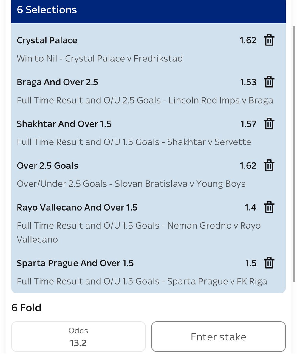 Thursday 21st August 

✏️ Palace win to Nil 
✏️ Braga &amp; over 2.5 
✏️ Shakhtar &amp; over 1.5 
✏️ Slovan vs Young Boys over 2.5 
✏️ Rayo Vallecano &amp; over 1.5 
✏️ Sparta Prague &amp; over 1.5 

Odds - 13/1 

TikTok - tiktok.com/@smartstaking?…

Good Luck!