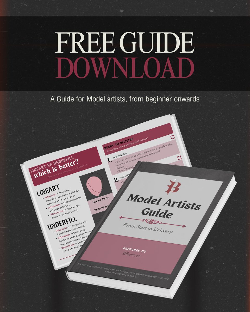 Model artists Guide PDF is available now!!

What's inside?
🖤 23 Pages of critical info!
🖤How to name your folders, layers and files!
🖤 Example Images from a finished file!
🖤 Not just what to do, but WHY!
🖤A Delivery Checklist!

🦇100% Free! 🦇
🔗ko-fi.com/s/3c37c849bc 🫀