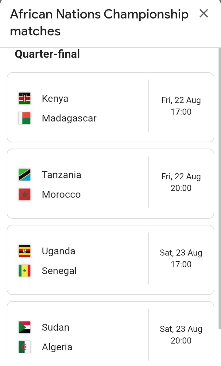 AliEmusoit's tweet image. Who will win CHAN24 Currently in Quarterfinal Stage?

A. Uganda
B. Tanzania
C. Kenya
D. Senegal 
E. Morocco
F. Madagascar 
G. Sudan
H. Algeria 

#UgandaCranes #CHAN2024 #cafonline