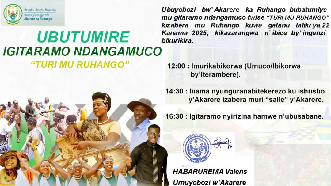 ByimanaVoluntee's tweet photo. Igitaramo #TuriMuRuhangoConcert ese mwabimenye ko Ari kumunsi wejo? turatumiwe twese muzaze duhige, twivuge, Dutarame Agati Gaturike Akandi Kamere 🤗. Tuzahahurire turi benshi turusheho kumenya ibyiza bya #RuhangoIkeye
#VisitRuhango
#TuriMuRuhango
#TuzazeTweseTuratumiwe. https://t.co/pSH2frEaTq
