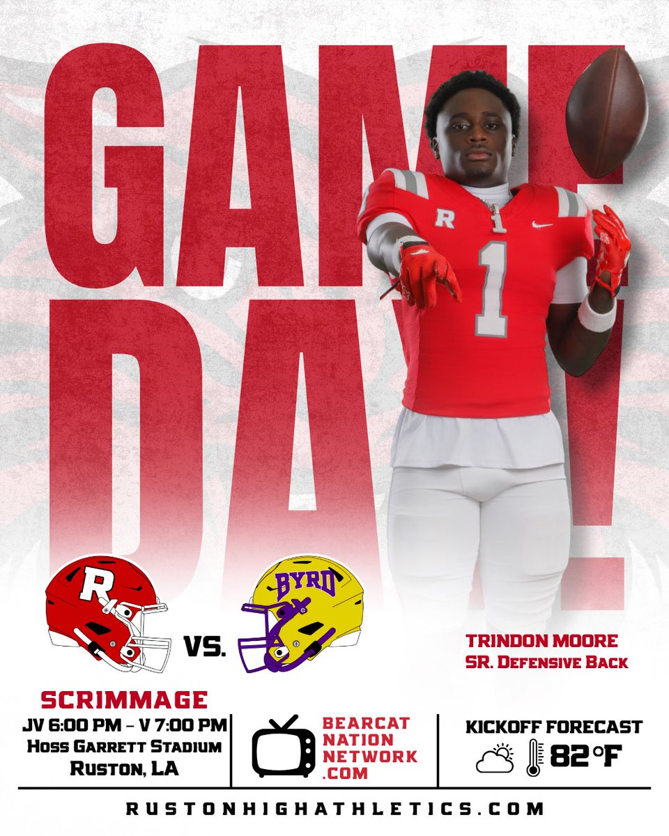 IT’S BEARCAT GAME DAY!

Come get your first look at the 2025 Ruston Bearcats in tonight’s scrimmage!

VS C.E. BYRD 

📍: HOSS GARRETT STADIUM
🕕: JV - 6 PM/V - 7 PM
🎟️: gofan.co/event/3668434
📺: Bearcatnationnetwork.com

Current Ruston High students get in free with an ID.