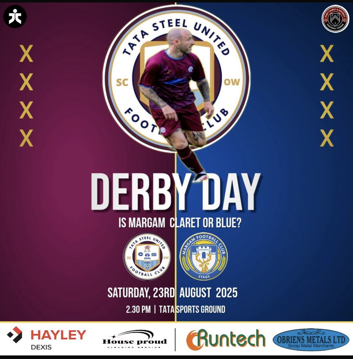 🔥 Derby Day! 🔥
Will Margam be Claret or Blue? 👀

⚽ Tata Steel Reserves v Margam Reserves
📅 Saturday 23rd August 
⏰ 2:30 KO
📍 Tata Steel Sports Ground

All support welcome as we battle it out in a big local clash! 💪

#UppaHounds