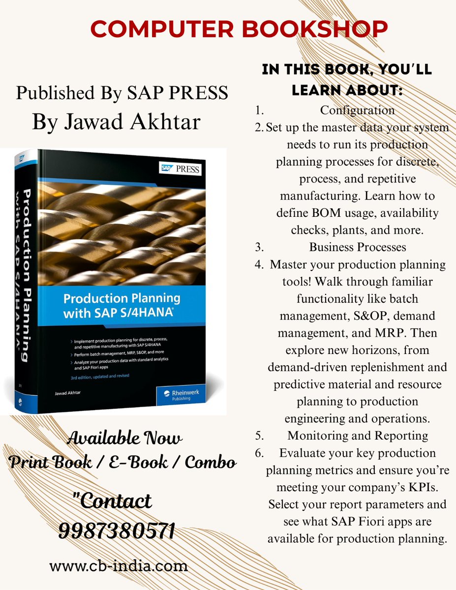computerbookshp's tweet image. Production Planning with SAP S/4HANA, 3/e By Jawad akhtar (Author) @sappress  (Publisher) Buy from Computer Bookshop using this link: tinyurl.com/yrje6b87 @TCS #sapdevelopment #sapfiori #implementation #computerbookshop #sap_build #abapcloud #sap_btp_abap_environment