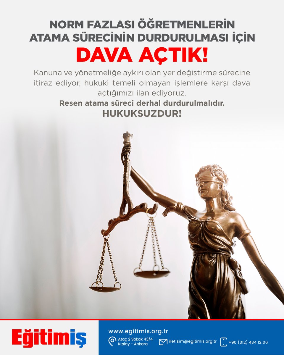 egitimis's tweet photo. Milli Eğitim Bakanlığı Personel Genel Müdürlüğü "İHTİYAÇ VE NORM KADRO FAZLASI ÖĞRETMENLERİN YER DEĞİŞTİRME DUYURUSU (AĞUSTOS 2025)’nu yapmıştır. Bu duyuruya göre norm fazlası kadrolu ve sözleşmeli öğretmenlerin atama ve yer değiştirme süreci başlatılmıştır.

Daha önceki açıklamalarımızda da vurguladığımız üzere, mevcut haliyle Kanun’a aykırı ve Yönetmelik bakımından da dayanaksız bir süreç uygulanmaktadır.   Duyuru kapsamında yapılacak tüm atama işlemleri sakat olacaktır.

Bu sürecin durdurulması adına Sendikamızca "İHTİYAÇ VE NORM KADRO FAZLASI ÖĞRETMENLERİN YER DEĞİŞTİRME DUYURUSU (AĞUSTOS 2025)’nun yürütmesinin durdurulması ve iptali için dava açılmıştır.