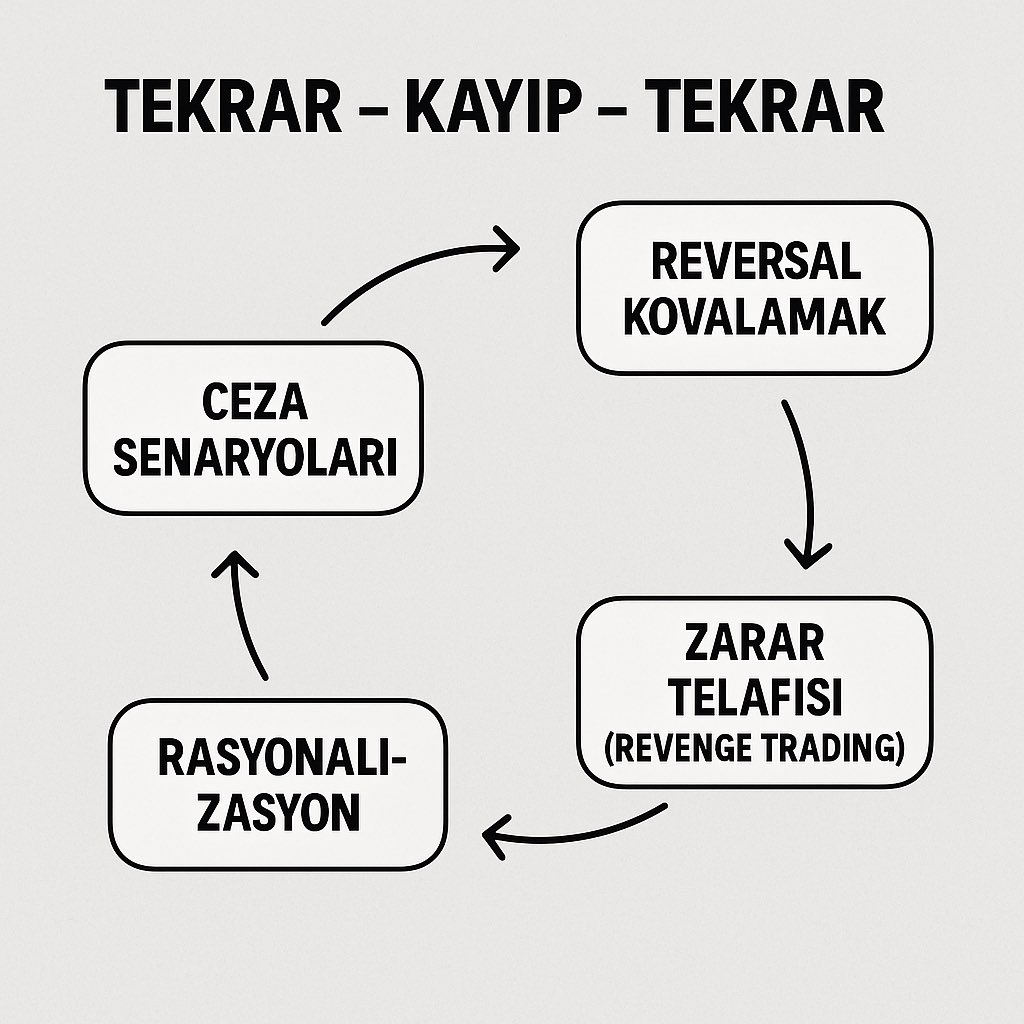 📌 Yatırımcı Hataları Bir Döngüye Sıkışabilir

Finansal kararlar çoğu zaman strateji eksikliğinden değil, bilinçdışı tekrar eden örüntülerden doğar:

🔄 TEKRAR – KAYIP – TEKRAR

• Reversal kovalamak
• Zarar telafisi (revenge trading)
• Rasyonalizasyon (zararı mantıklı