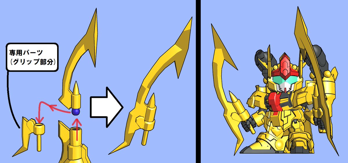 DivideTW's tweet image. ●ガンダム・ザ・ゴールド_可変機構問題
　資料を見ると、SD⇔巨神体で胴体中央部パーツがあからさまに形状変化してます。
対応策としてその部分のみパージ可能とし、反転して戻す＆足らない部分は腹専用パーツに組み込む事で決断的解決。

オマケ
斧の形状問題
頭無し巨神体
　#SDガンダム