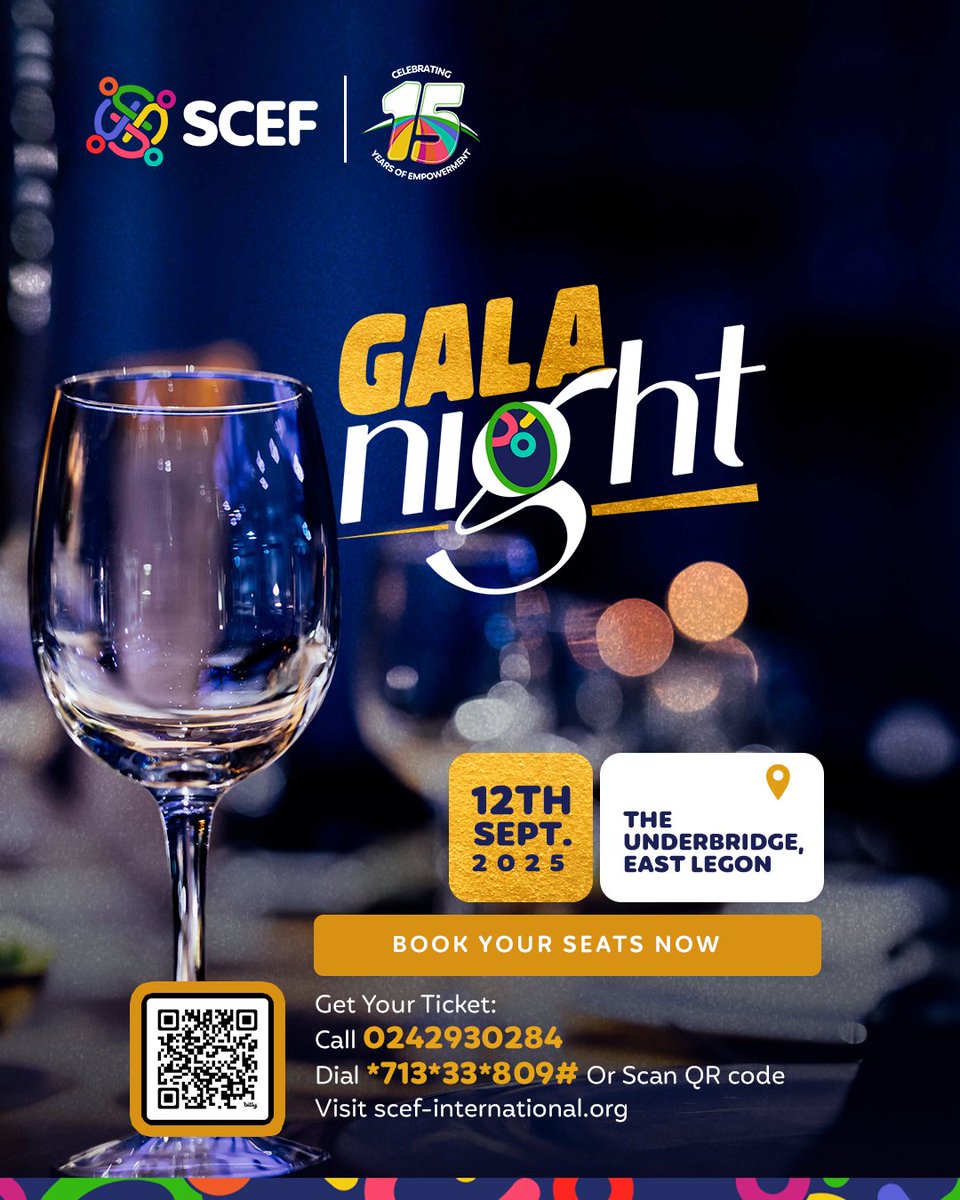 It’s not just reserving a seat — it’s preserving the lives of children on the street.

🗓  Sept 12, 2025
📍 Underbridge Event Centre, Accra
🎟 Tickets: homecoming.scef-international.org
📱 Dial to pay via USSD: 71333*809#

#SCEFAt15 #GalaNight #FreeTheChildren #EveryChildMatters