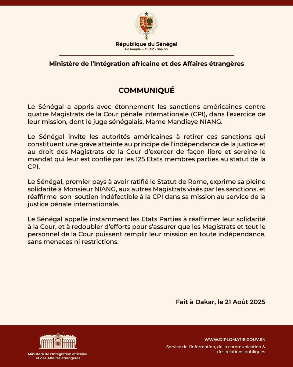 🚨Le Sénégal 🇸🇳 fustige les sanctions imposées par Washington 🇺🇸 à quatre magistrats de la Cour pénale internationale (CPI), dont son ressortissant Mame Mandiaye Niang. Dakar dénonce une « atteinte grave » à l’indépendance de la justice internationale et exige la levée immédiate