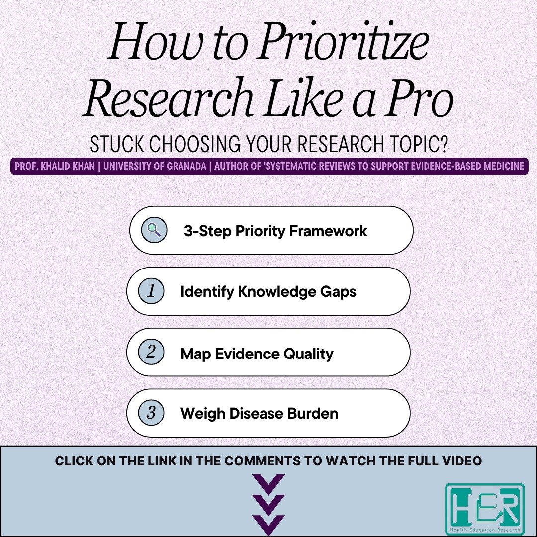 Profkkhan's tweet image. Struggling to pick a research topic? 🤔 Check out this 3-step framework from Prof. Khalid Khan! 💡 Identify knowledge gaps, map evidence quality, and weigh disease burden to prioritize like a pro! 🚀

#ResearchTips #AcademicLife #EvidenceBased #StudySmart #KnowledgeIsPower