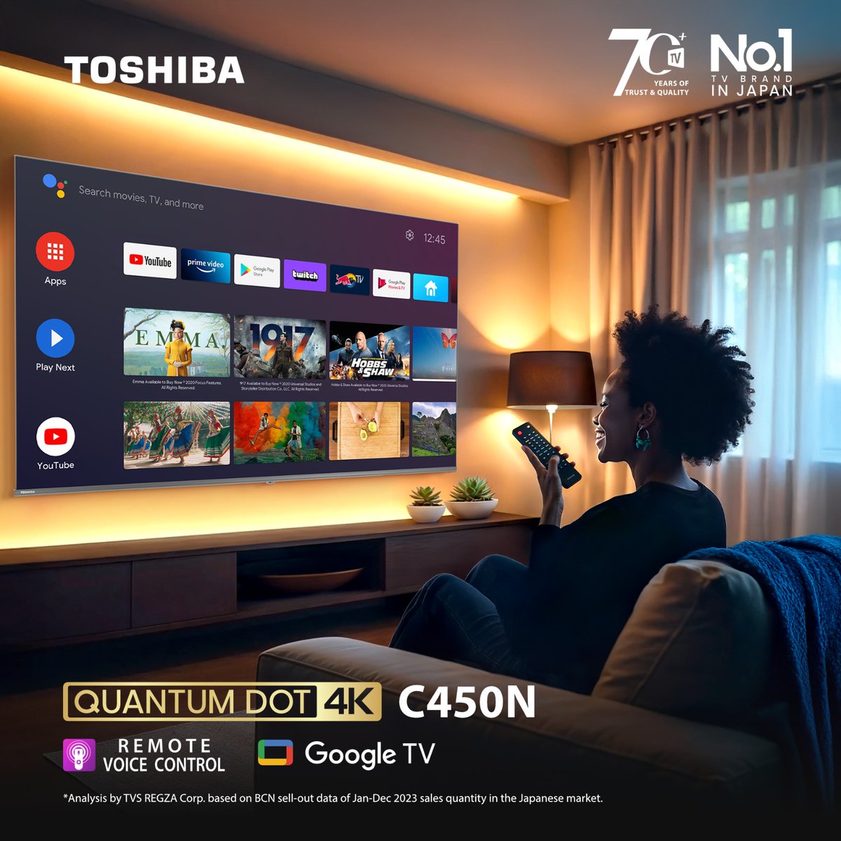 ToshibaVisualSA's tweet photo. Your voice, your TV.
Say it, see it with Remote Voice Control on Google TV, then bask in Quantum Dot Colour and Dolby Vision. Hands-free to hands-down stunning.
#ToshibaC450N #RemoteVoiceControl #GoogleTV #DolbyVision https://t.co/libZqeAlBq