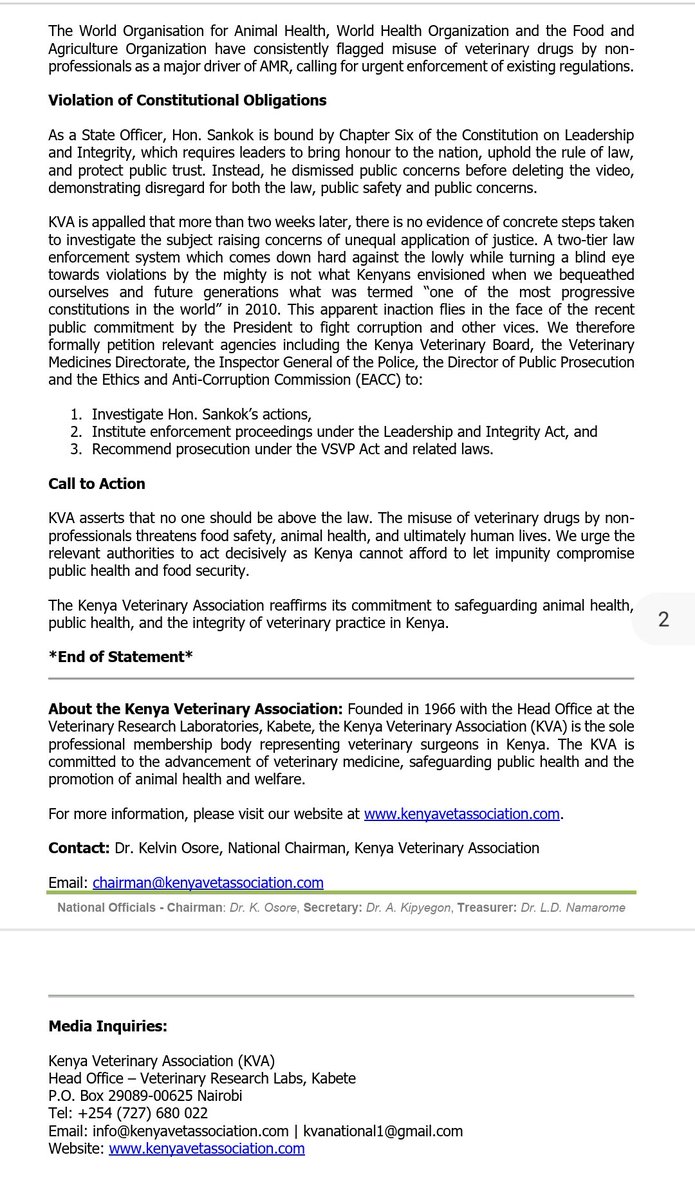 PRESS RELEASE: Kenya Veterinary Association Condemns Illegal Veterinary Practice by Hon. David Ole Sankok, Warns of Grave Public Health Risks