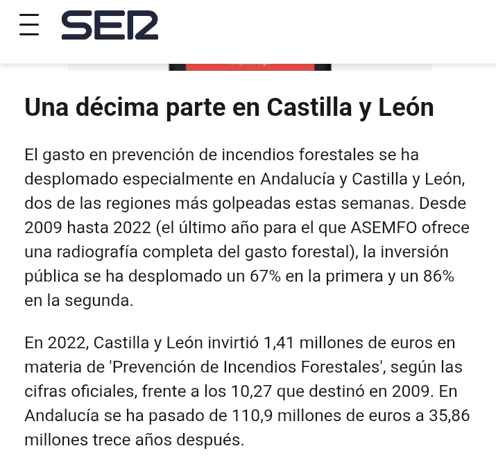 JCyL anuncia Plan de Recuperación de 114M€ para zonas afectadas por incendios. De 2009 a 2022, <a href="/jcyl/">Junta de Castilla y León</a> redujo la inversión en Prevención un 90%: de 10,2 a 1,4M€. Es decir, con 114M€ se habrían evitado los recortes d los últimos 10 años y la catástrofe actual. Lo barato sale caro