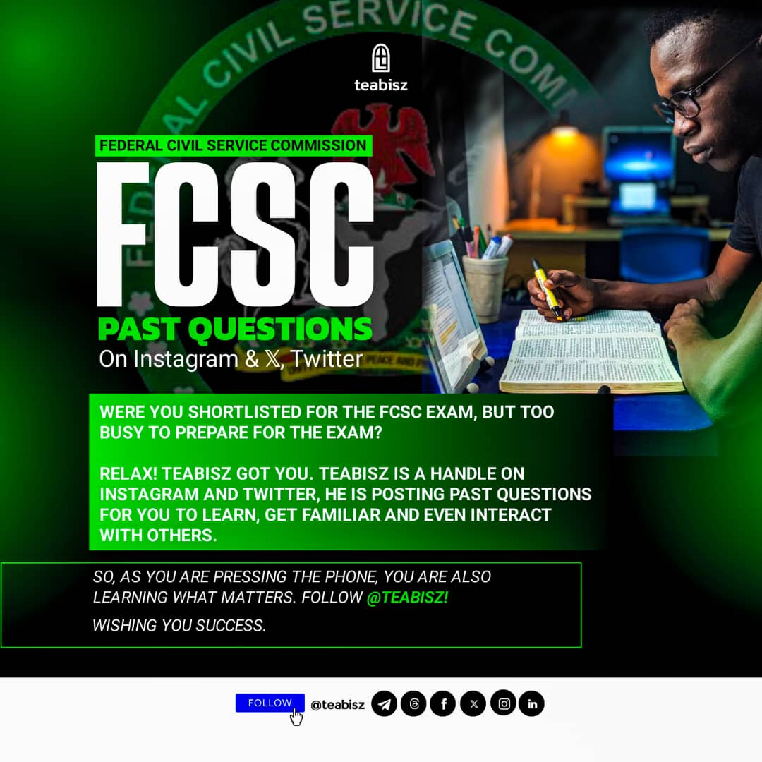 teabisz's tweet photo. Answer: C
#Teabisz #TeabiszPoll #FCSC #FCSCPastQuestions #FCSCExam #TeachersGuide #CivilServiceExam #PastQuestions #ExamGuide #Ministry #Nigeria #Viral #NYSC #Employer #Employee #HR #PublicServant https://t.co/RLgqgErD4v