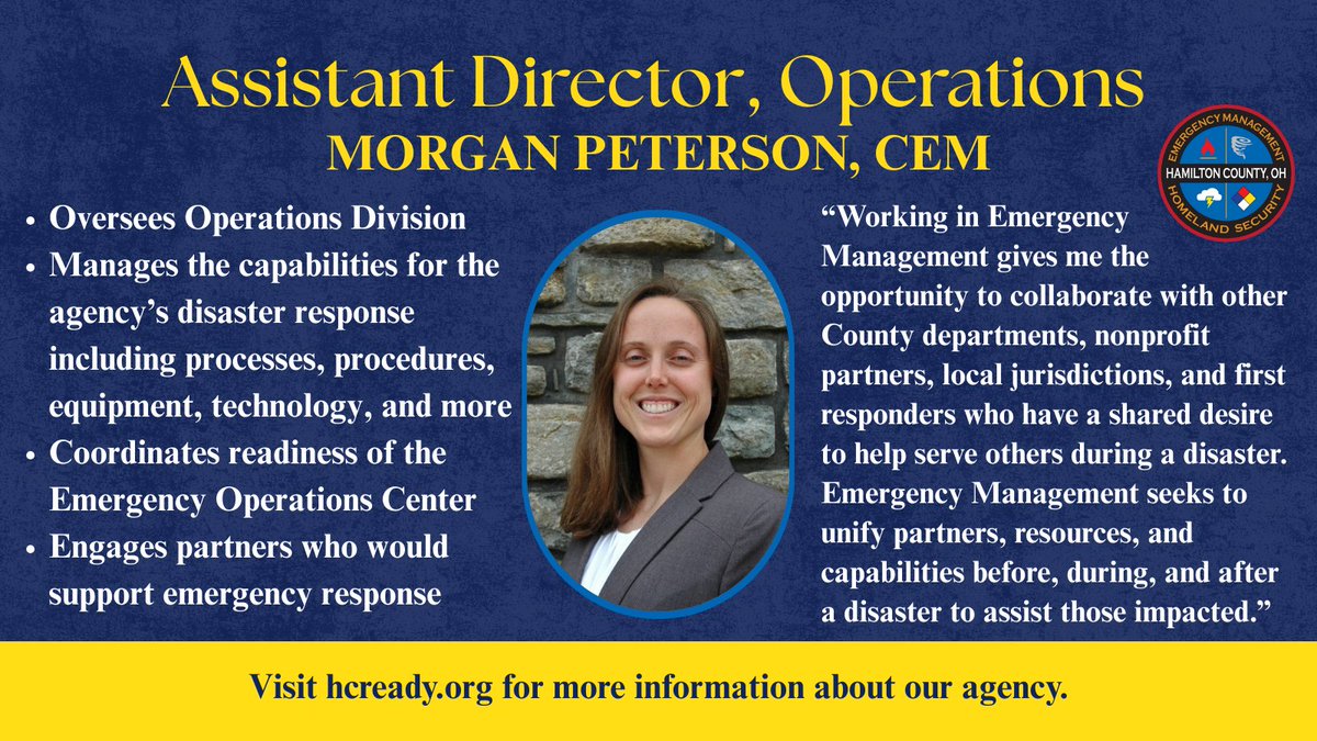 HCEMA's tweet photo. Meet our agency’s Operation Division! Read about the work Morgan, Ben, David, and Hannah do to help communities in Hamilton County and why they’re passionate about Emergency Management. #IamEM #EMAwarenessMonth https://t.co/ZpXkgo2mr5