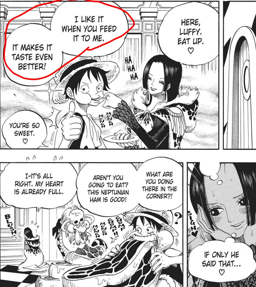 sandman_AP's tweet photo. Hancock’s imaginary Luffy uses ridiculously polite and elegant Japanese. Sadly, that flavor of speech gets lost in the official Viz translation.🥺 My translation: "Truly, most exquisite! To receive it directly from you renders the dining even more delightful and more glorious!!😍 https://t.co/cYXOVoflDs