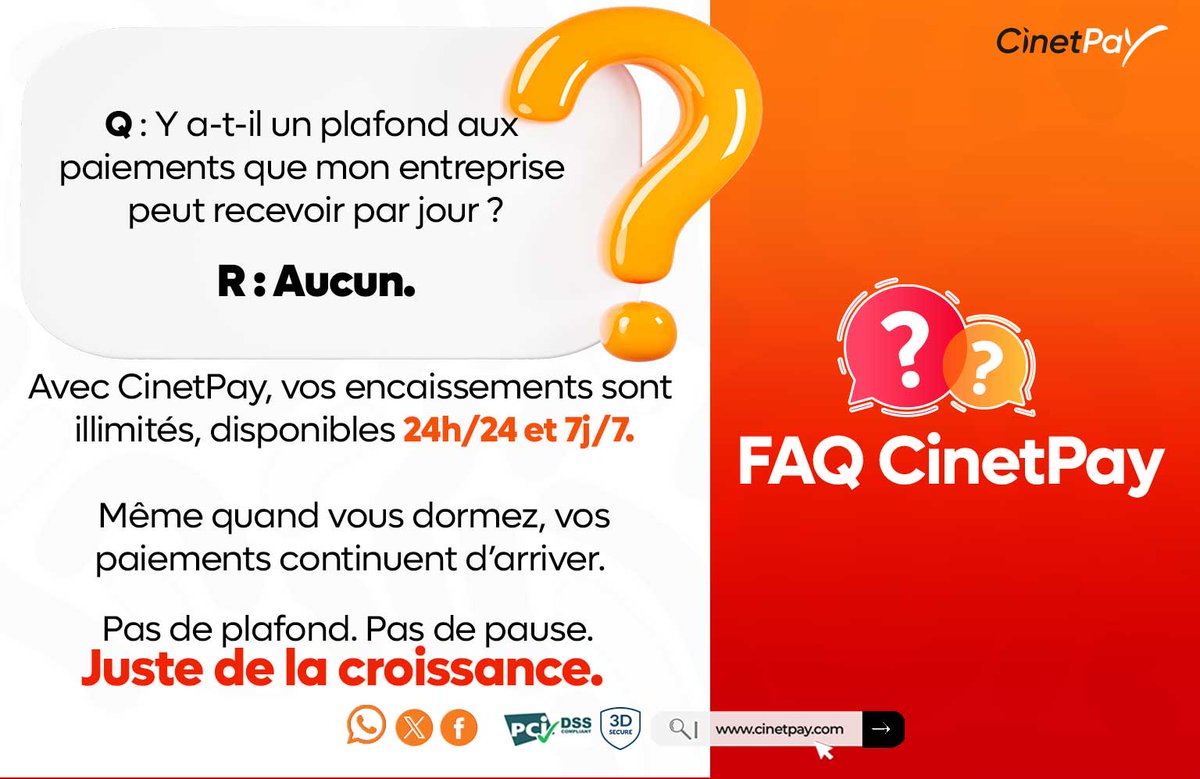 Avec CinetPay :
- Encaissements illimités
- Disponibles 24h/24 et 7j/7
- Pas de plafond. Pas de pause. Juste de la croissance.

✨ Envie d’en savoir plus ? 👉 Contactez-nous bit.ly/4mWCmCD

#CinetPay #PaiementDigital #BusinessGrowth #Fintech #Afrique