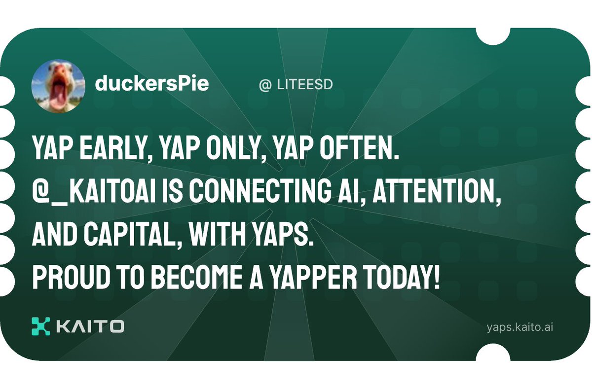 LITEESD's tweet image. Yap early, yap only, yap often.

@KaitoAI is connecting AI, attention and capital with Yaps.

Just claimed my social card and I'm accumulating Yap points in real-time.

Claim yours 👉 yaps.kaito.ai/referral/17222…