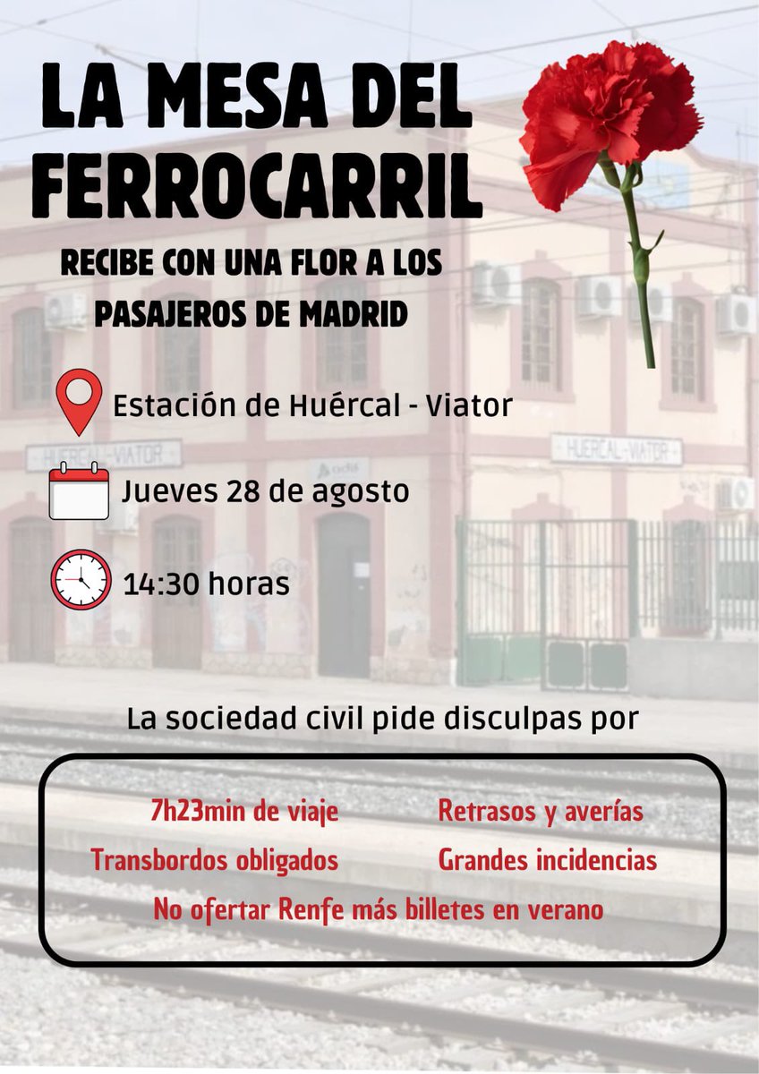 El mal servicio ferroviario que venimos soportando de @renfe, con más de 12 incidencías, averías y transbordos en autobús para llegar en los últimos 6 meses y los incontables retrasos que acumulan nos llevan a reconocer el mérito de las personas que vienen en tren a #Almeria.