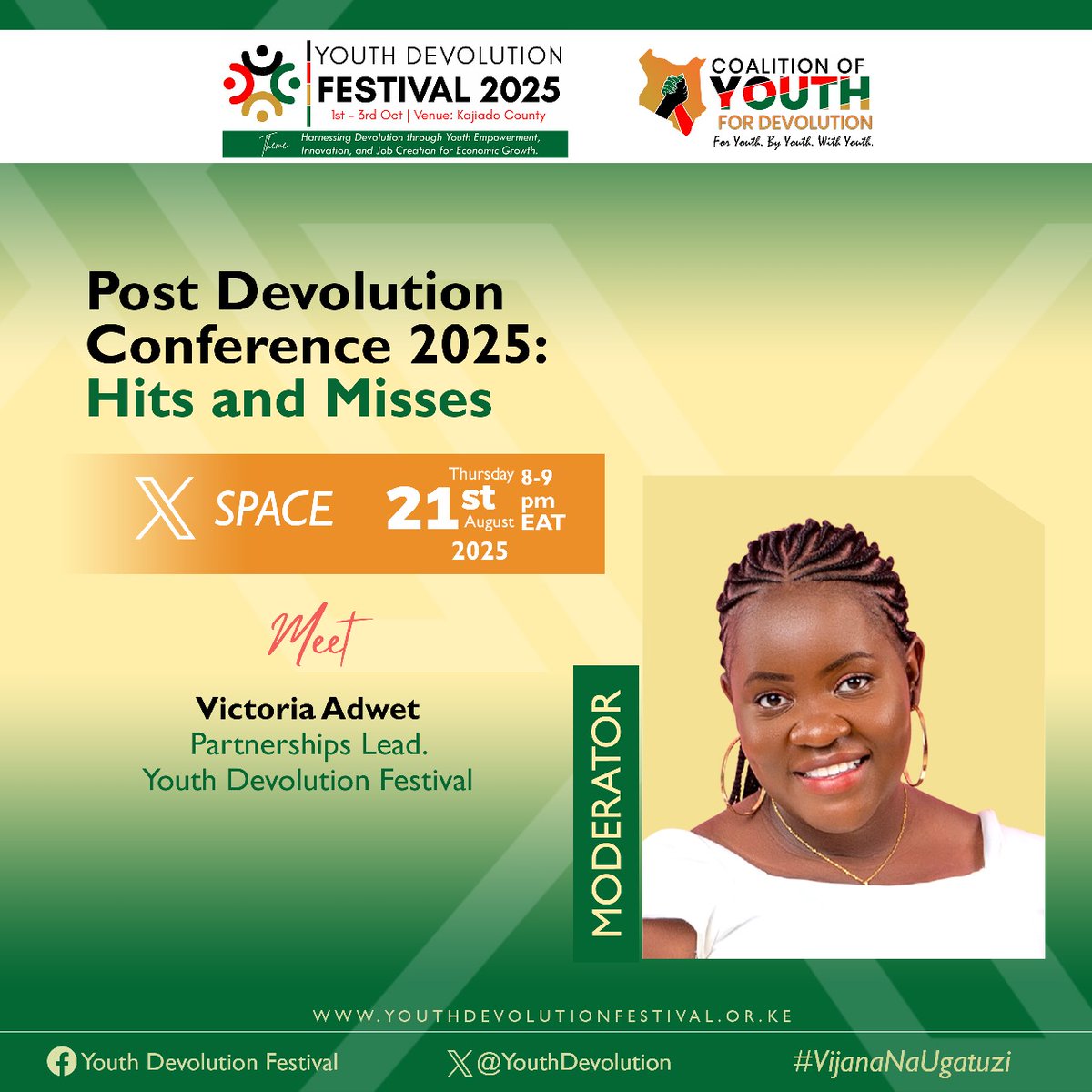 Meet our moderator: <a href="/adwetvee/">Adwet Vee</a>, a seasoned voice in Youth Leadership and Governance, will be leading today’s Twitter Space. Get ready for an engaging and insightful discussion.

#VijanaNaUgatuzi #YDF2025 #TwendeKajiado