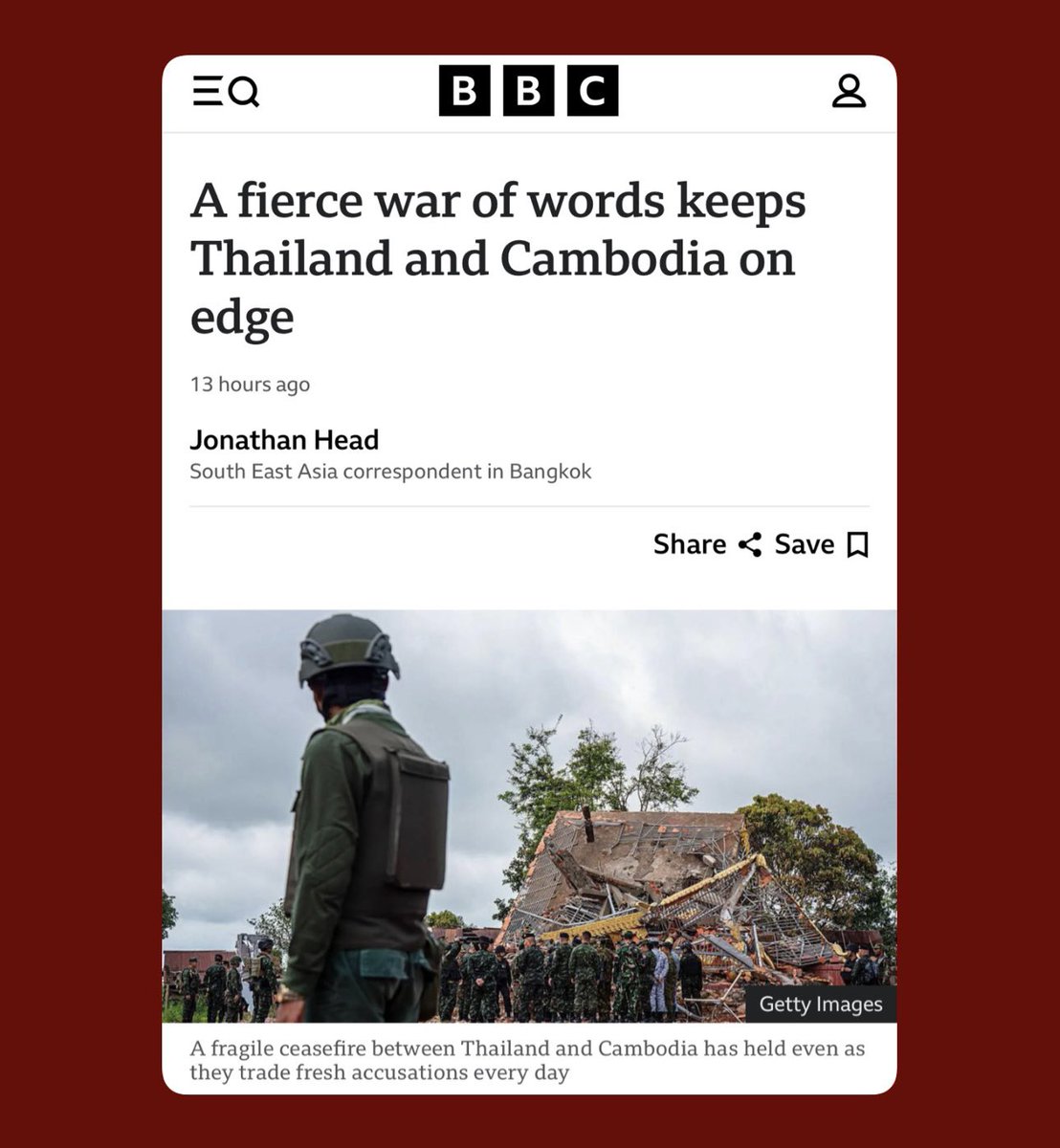 BBC โดย Jonathan Head รายงานสถานการณ์ #ไทยกัมพูชา  ว่าไทยยืนอยู่บนข้อเท็จจริง แต่กัมพูชาปล่อยเฟกนิวส์เรื่องไทยใช้ F16 ปล่อยสารเคมีโจมตีกัมพูชา
และทุ่นระเบิดที่ถูกวางโดยกัมพูชาไม่ได้ดูเป็นของเก่าแบบที่กัมพูชากล่าวอ้าง

bbc.com/news/articles/…