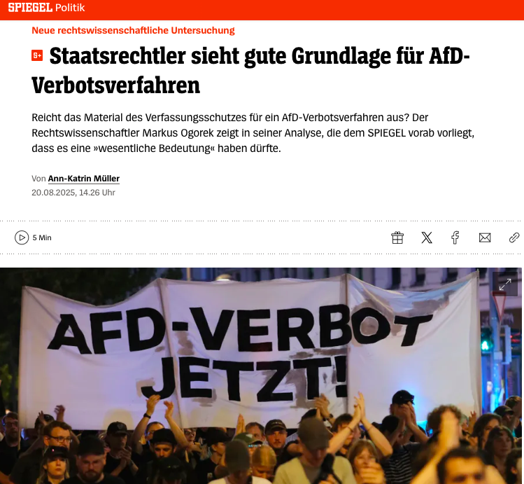Der Staatsrechtler Ogorek kommt in einem neuen Gutachten zu dem Ergebnis, dass ein AfD-Verbotsverfahren Erfolg haben könnte. So entkräftet er das häufigste Gegenargument. Die Union sollte ihre persönlichen AfD-Kontakte überdenken und endlich ein Verbotsverfahren unterstützen.