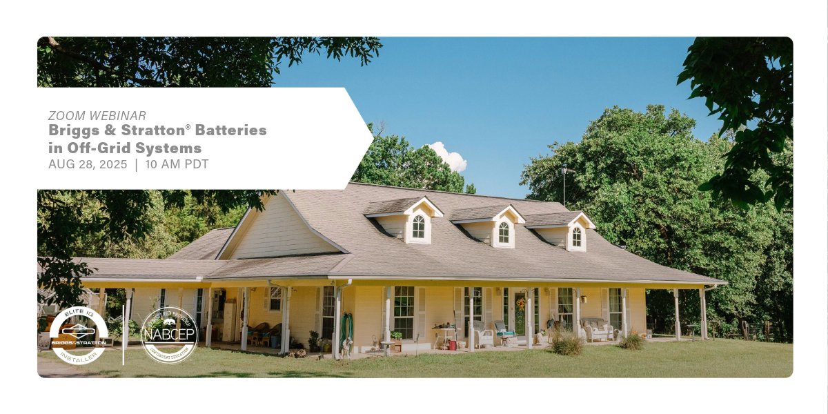 Briggs_Energy's tweet image. Go #offgrid with confidence. ⚡

Learn to design reliable, scalable power systems with Briggs &amp;amp; Stratton batteries + generators in our free technical webinar. Plus, earn valuable #NABCEP credits!

📅 Aug 28th | 10 AM PDT. Register:
ow.ly/U8oq50WBq0f.