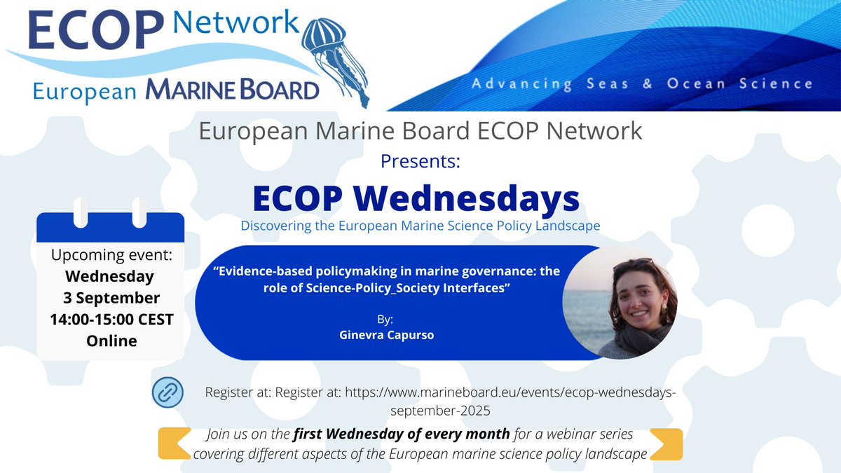 European Marine Board (@emarineboard) on Twitter photo Our September #ECOPWednesday webinar will discuss "Evidence-based policymaking in marine governance: the role of Science-Policy-Society Interfaces" with speaker Ginevra Capurso <a href="/CnrIsmar/">CNR-ISMAR</a> <a href="/CrossGovProject/">CrossGov Project 🇪🇺 #crossgovproject</a>! You can find out more and register here: marineboard.eu/events/ecop-we… Our September #ECOPWednesday webinar will discuss "Evidence-based policymaking in marine governance: the role of Science-Policy-Society Interfaces" with speaker Ginevra Capurso <a href="/CnrIsmar/">CNR-ISMAR</a> <a href="/CrossGovProject/">CrossGov Project 🇪🇺 #crossgovproject</a>! You can find out more and register here: marineboard.eu/events/ecop-we…