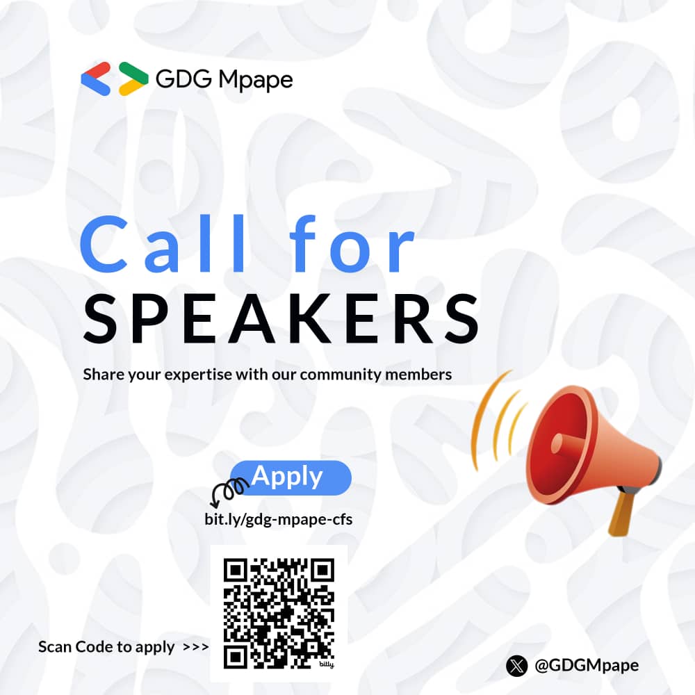 We’re looking for individuals ready to share their knowledge, ideas, and expertise on tech-related topics. Fill out our interest form today, and let’s hear from you!
Scan the QR code or click the link. 
🔗 bit.ly/gdg-mpape-cfs

make an impact! ✨ #GDGMpape #CallForSpeakers