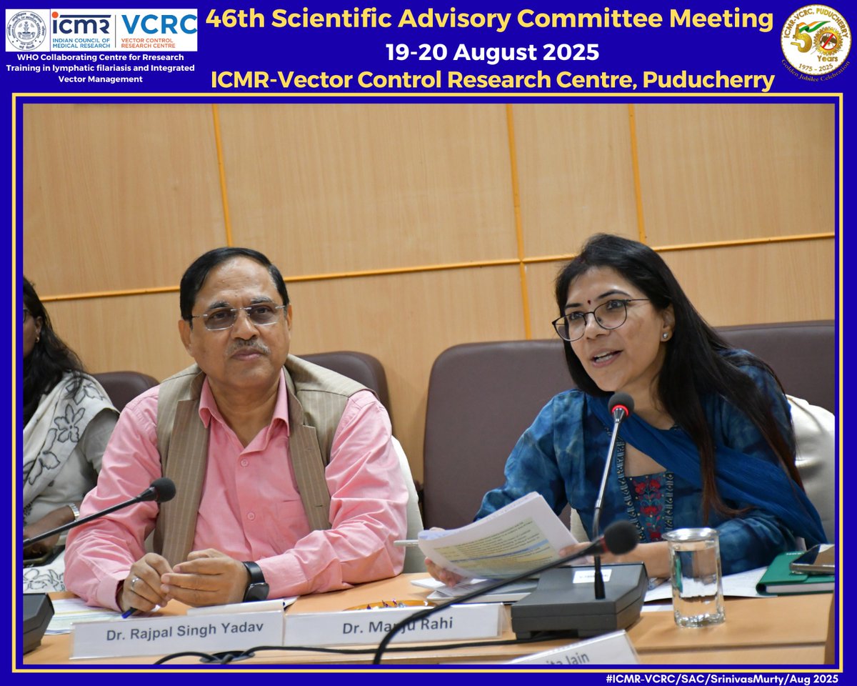 <a href="/icmrvcrc/">ICMR-VCRC</a> held the 46th Annual Scientific Advisory Committee Meeting on 19th and 20th August 2025. The experts headed by Dr. Rajpal Yadav reviewed and advised on the proposed studies at VCRC. They appreciated the scientific progress of VCRC under the Director <a href="/RahiManju/">Manju Rahi</a>
#vcrc50
