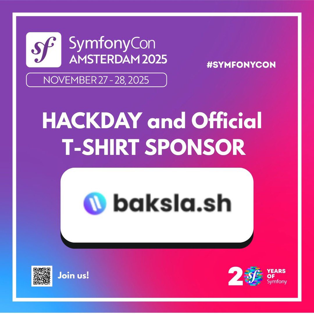 symfonycon's tweet image. 📢 Hackday location confirmed!
Symfony Hackday will be at:
📍 Volkshotel – Wibautstraat 150, 1091 GR Amsterdam
Sat, Nov 29 | 09:30 – 15:00 CET
🙌Big thank you to Baksla.sh for sponsoring both Hackday and the official SymfonyCon t.shirt!
#SymfonyCon #Hackday #Symfony