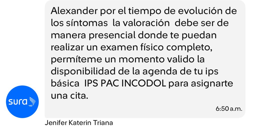 Sanderarango's tweet photo. @Supersalud @epssura llevo 3 meses solicitando una cita con médico general en la IPS incodol y nunca existe disponibilidad, voy a la App de Sura para buscar una solución y me remiten nuevamente a la IPS. Ayúdenme por favor. https://t.co/27mRLzOwTe