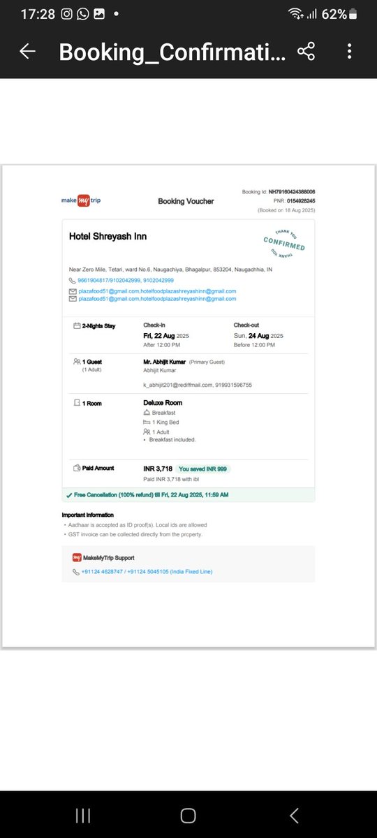 abhijit229's tweet photo. @makemytrip I booked a hotel through make my trip booking Id NH79160424388006. When I called the hotel to confirm my booking done through make my trip he refused to provide the room and asked me to make alternate arrangements. What kind of service is this MMT? https://t.co/sur5yJQvVP