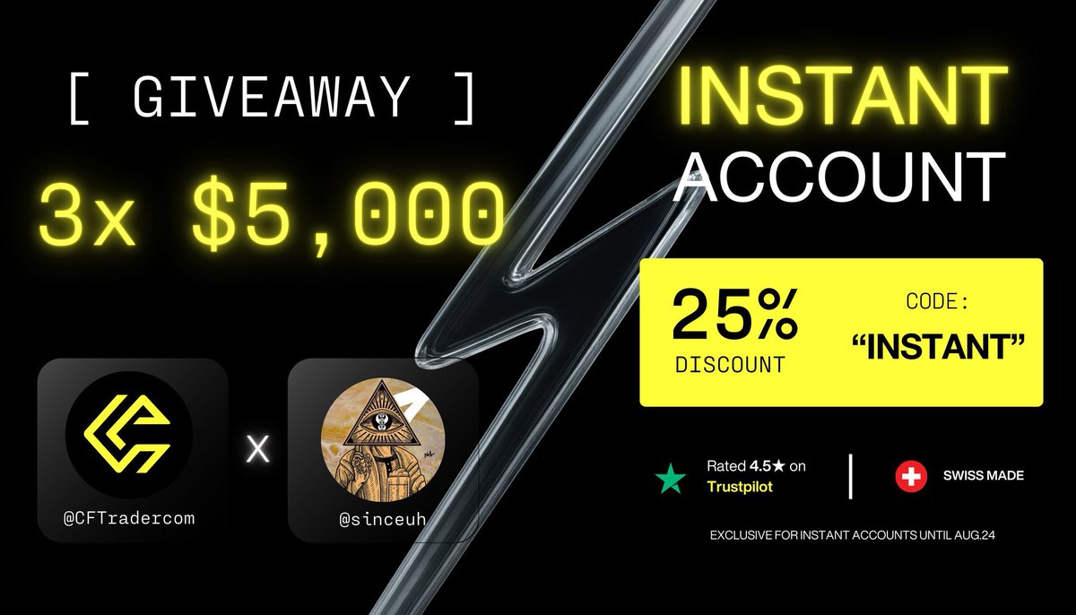 Dr.Matrix (@sinceuh) on Twitter photo GIVEAWAY Fam 💛
3 x $5.000 challenges!
Rules to enter:
1. Follow : <a href="/CFTradercom/">Crypto Fund Trader</a> <a href="/CFTradercomES/">Crypto Fund Trader Español</a>
2. Like & RT this post and x.com/sinceuh/status…
INSTANT FUNDING + SCALING PLAN at 25%
Use code INSTANT at checkout with the link below
cryptofundtrader.com/?_by=drmatrix
Winners will GIVEAWAY Fam 💛
3 x $5.000 challenges!
Rules to enter:
1. Follow : <a href="/CFTradercom/">Crypto Fund Trader</a> <a href="/CFTradercomES/">Crypto Fund Trader Español</a>
2. Like & RT this post and x.com/sinceuh/status…
INSTANT FUNDING + SCALING PLAN at 25%
Use code INSTANT at checkout with the link below
cryptofundtrader.com/?_by=drmatrix
Winners will